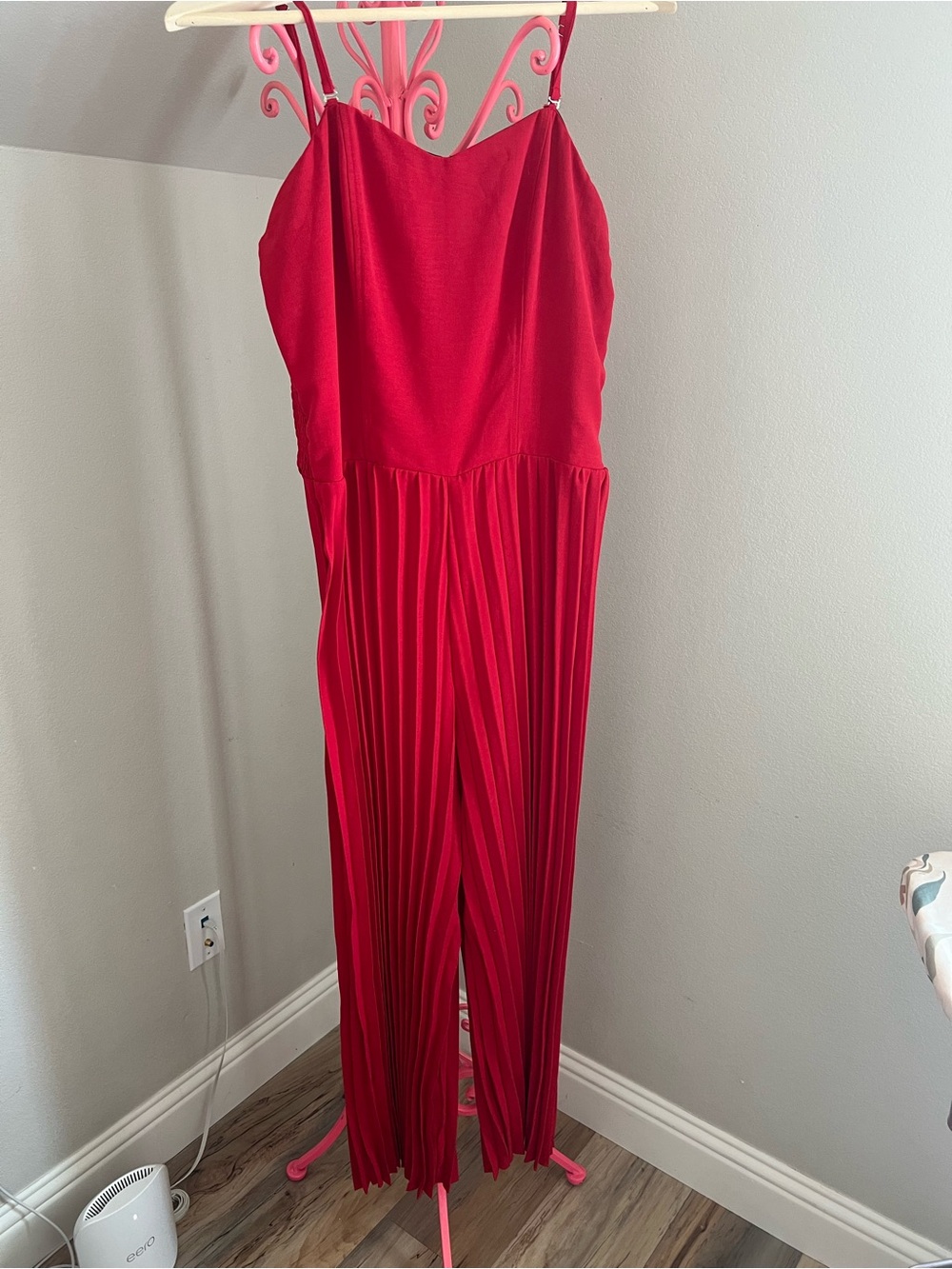Women's Red Pleated Wide-Leg Jumpsuit with Spaghetti Straps
